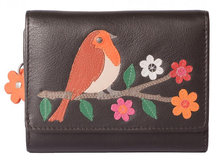 Robin Flap Tri Fold Purse Black RFID Mala Leather Limited